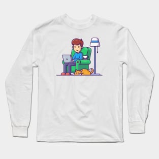 Male working on computer with cat cartoon Long Sleeve T-Shirt